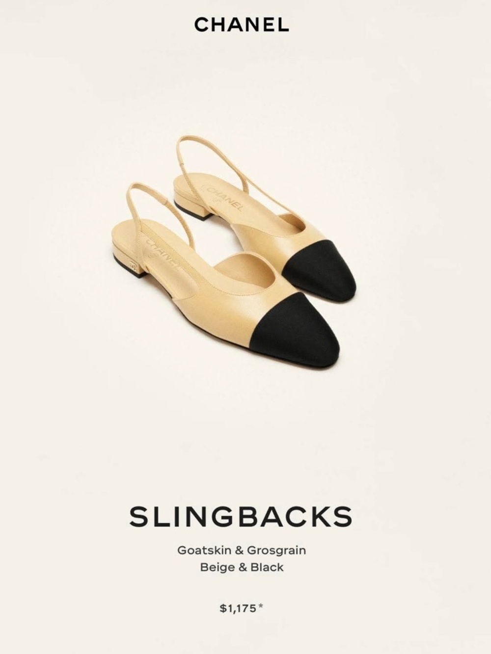 CHANEL Beige and Black Goatskin Slingback Flats